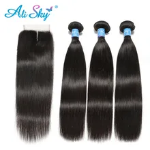 Alisky волосы перуанские прямые волосы 3 пряди с кружевной застежкой Remy натуральные кудрявые пучки волос с застежкой " x 4" Наращивание волос