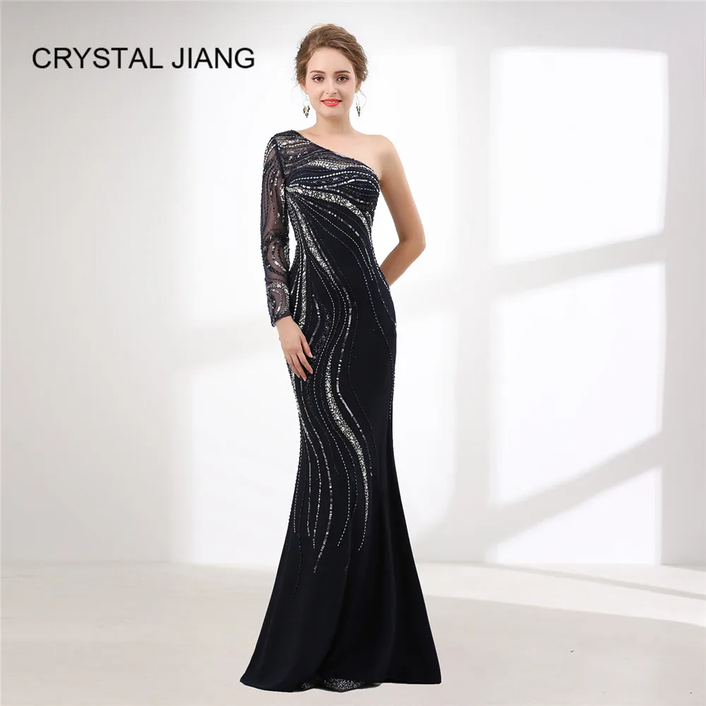 one shoulder evening gown with beaded detail