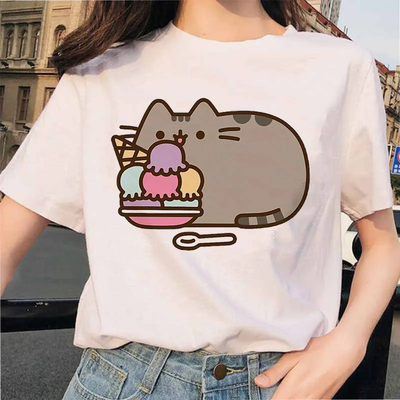 Camisetas con estampado de gato Pusheen Harajuku para mujer, ropa Ullzang para mujer, camisetas Kawaii coreanas de dibujos animados, divertidas de los años 90