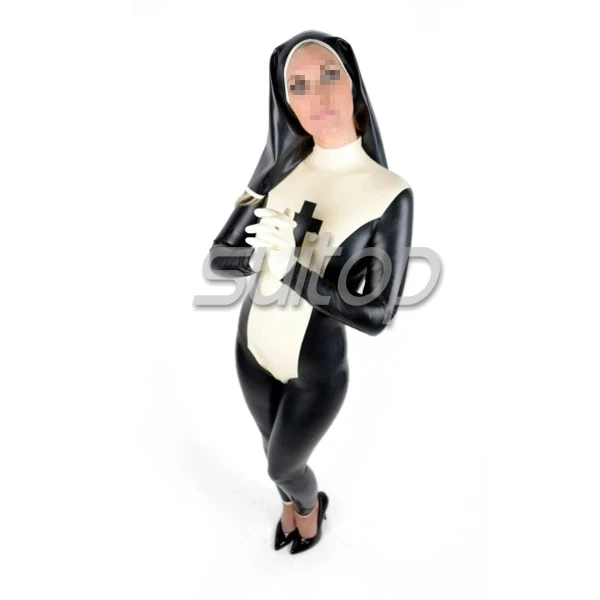 Suitop lattice naturale handmade delle femminile fetish nun uniforme tuta zentai di gomma