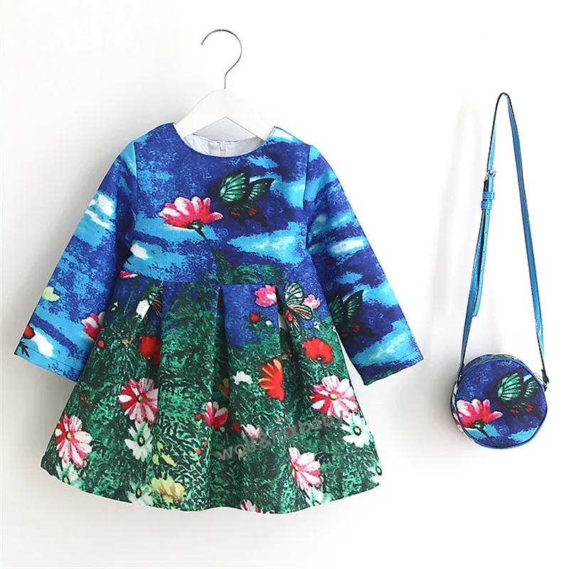 Комплект из льняного платья с принтом для маленьких девочек 2-8 лет+ сумка, платье принцессы с длинными рукавами на лето, весну и осень
