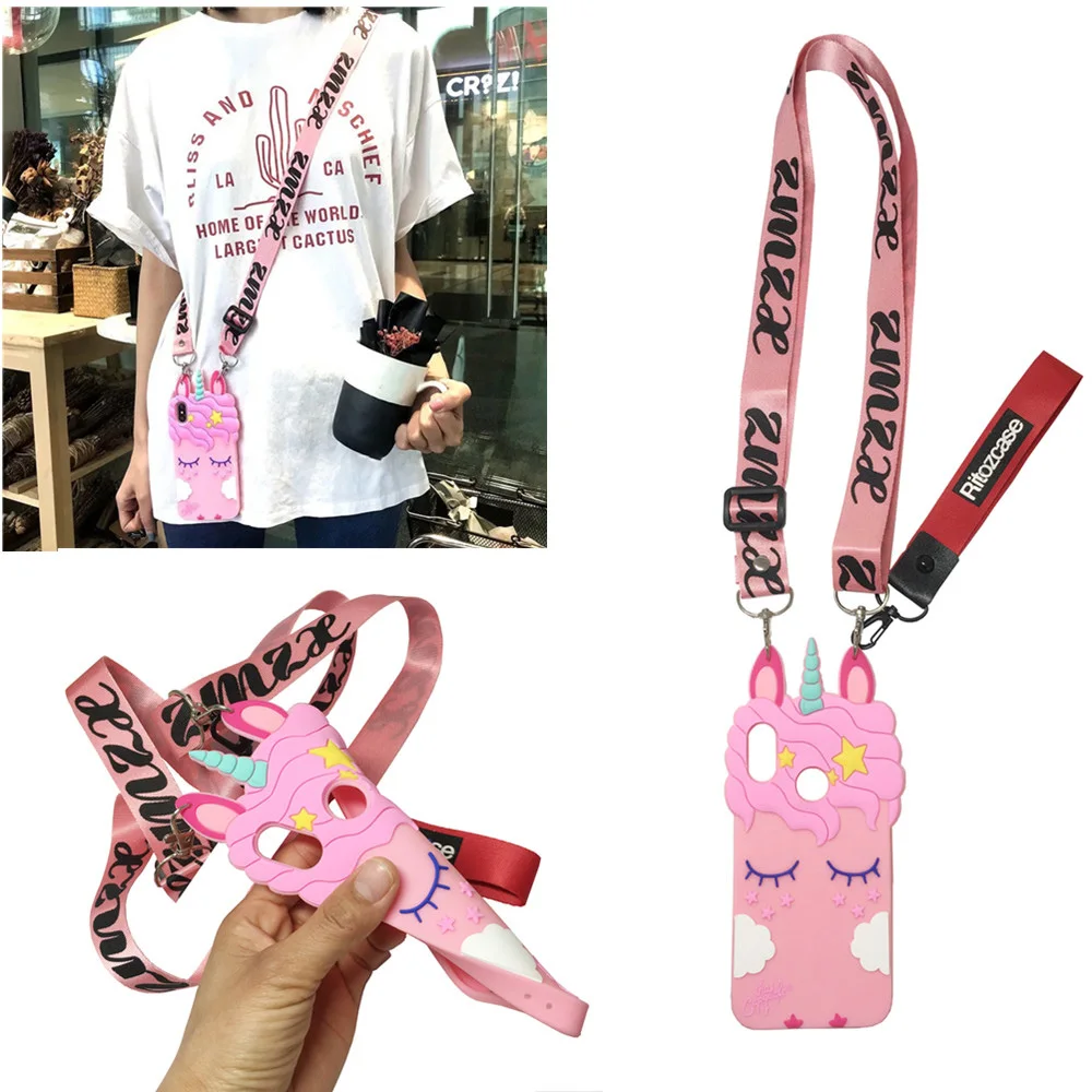 

case for huawei P20 lite pro mate 10 lite nova 3i 3 case cover cute 3d cartoon pink unicorn shoulder strap soft silicon shell