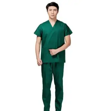 ManGreen ShortSleeve Унисекс Больничная Рабочая Униформа медсестры доктор стоматологическая клиника хирургическая хлопковая одежда костюм медика набор V шеи длинный рукав топ+ брюки - Цвет: ManGreen ShortSleeve