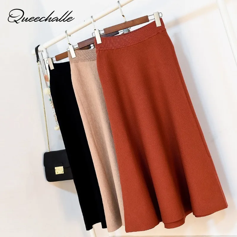 Queechalle Autumn Knitted Skirts for Women Solid Color Empire Waist ...