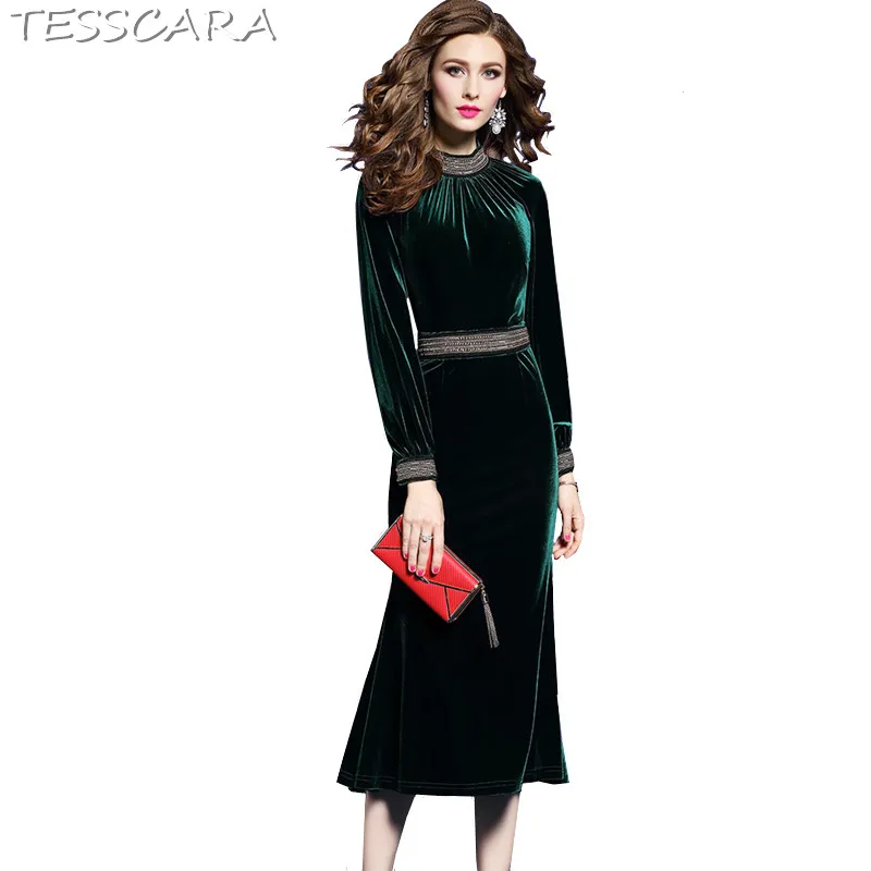 

TESSCARA Women Autumn Winter Elegant Velvet Beading Dress Female Long Cocktail Vestidos Retro Vintage Party Robe Femme Plus Size