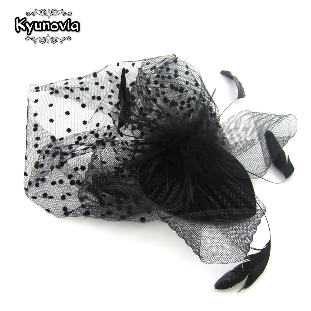 Kyunovia Black/White/Red/Pink/Purple Birdcage Bridal Flower Feathers Fascinator Bride Wedding Hats Face Veils FW12