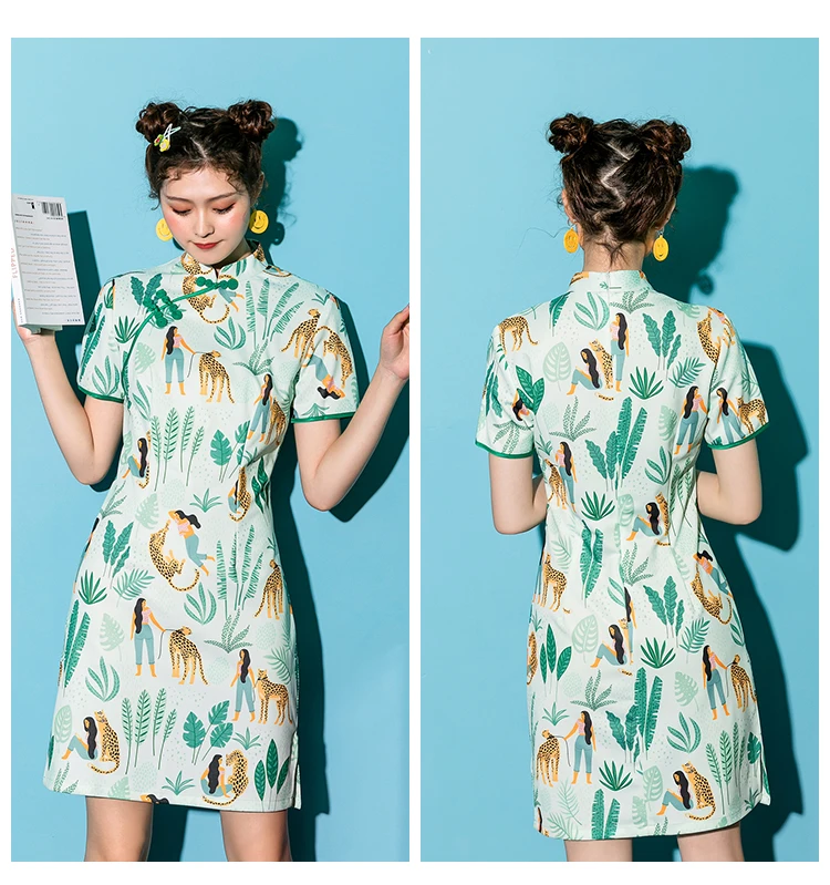 SWEETXUE Cat Leaf Print Cheongsam простое платье модное винтажное Сплит Мини Вечерние платья летние женские ретро платья в китайском стиле