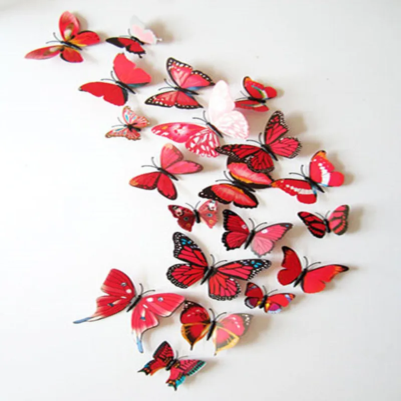 12 шт./лот 3D яркие красные бабочки Магниты на холодильник Стикеры стены комнаты украшения