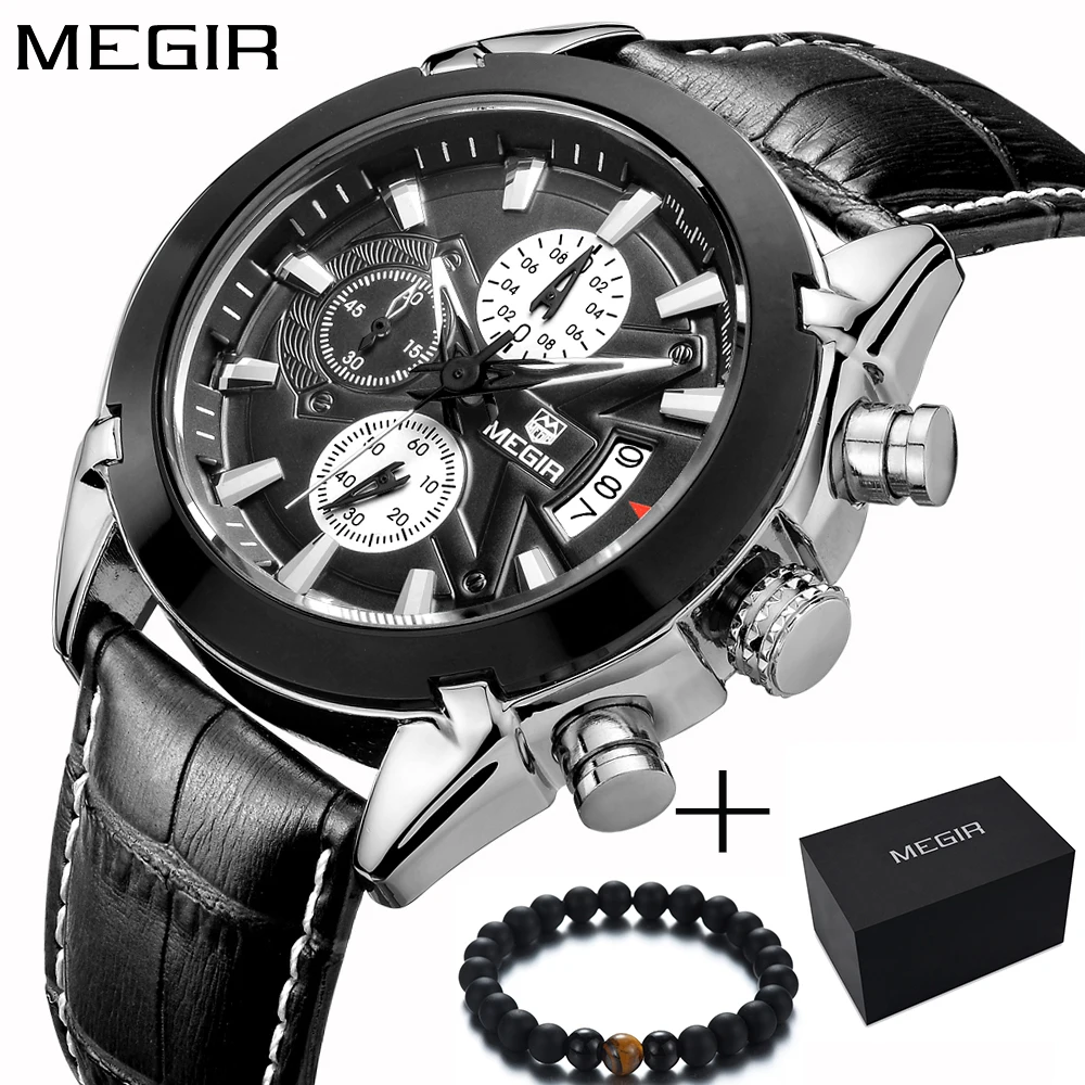 Kopen Megir Top Merk Sport Horloge Heren Horloges Chronograaf Mode Luxe Lederen Band mannen Pols Horloges Quartz Cock Mannen koop 2020