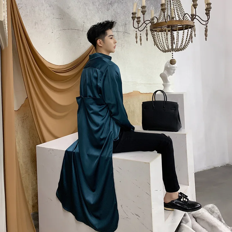 

2019 New spring England style retro Wrinkle design shirts men casual loose Asymmetric length shirts Stage singer costumes M-XXL