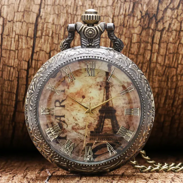 Fashion Glass Case Eiffel Tower Dial Design Pendant Pocket Watch With Necklace C Fashion Glass Case Eiffel Tower Dial Design Pendant Pocket Watch With Necklace C