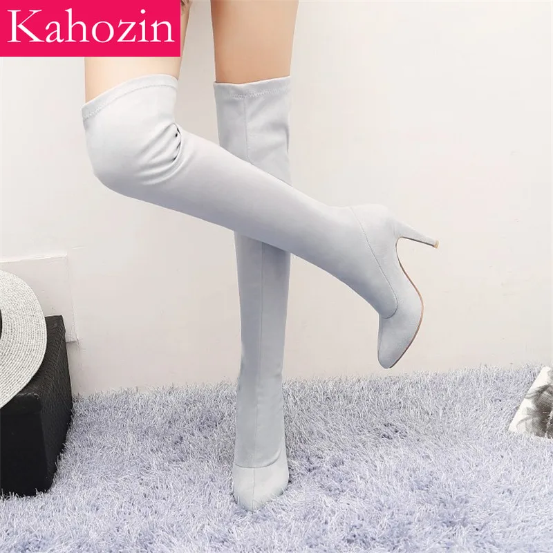 

Kahozin winter over the knee boots thin heels Suede Yellow pink purple High heels 9.5CM matching blue shoes and bags size33-45