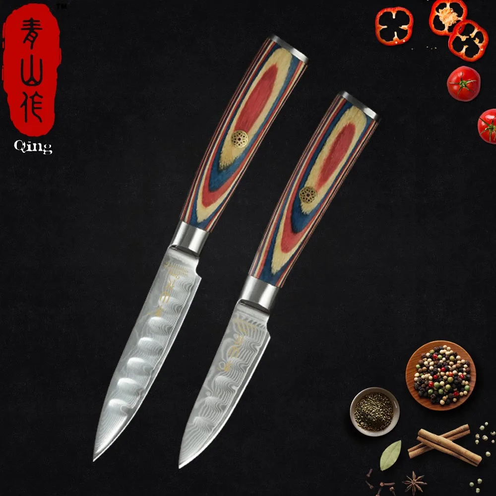 

Qing Damascus Kitchen Knives Set 3" Paring 4" Utility Knife Japanese 67 Layers VG10 Damascus Steel Knives 2-pieces Cooking Tools