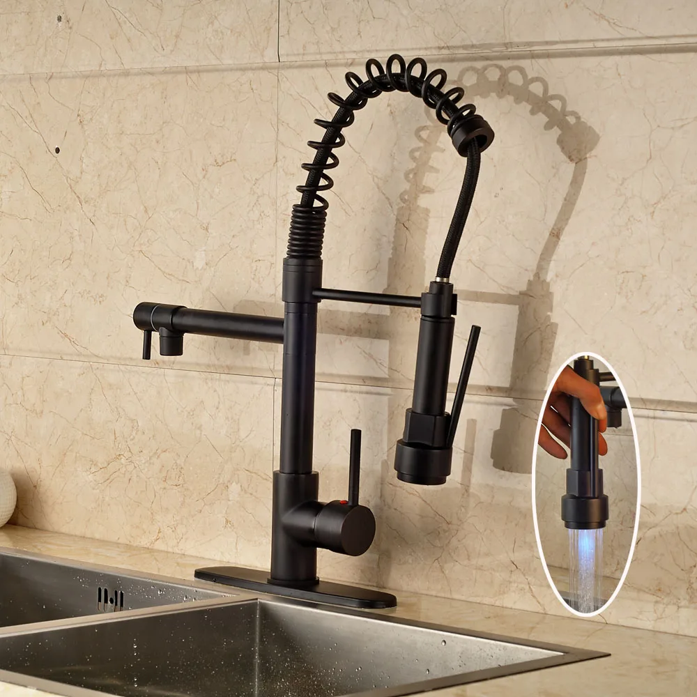 

Oil Rubbed Bronze Deck Mounted Kitchen Sink Faucet Swivel LED Spout Mixer Tap with Cover Plate