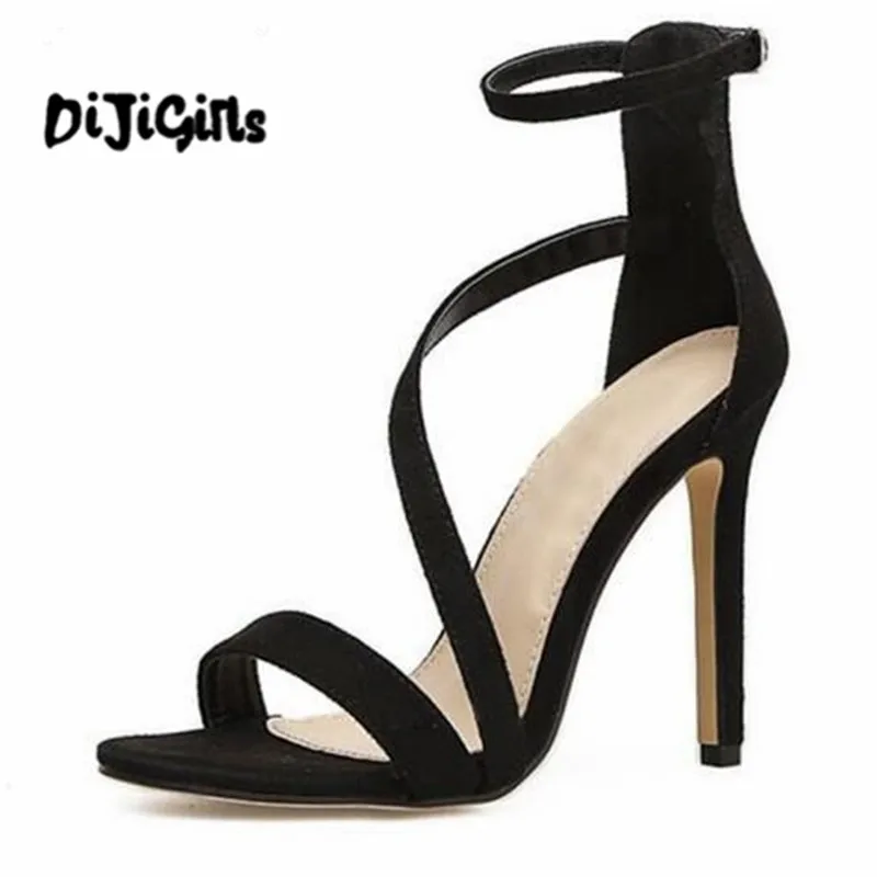 

New Fashionable Sexy Design Women Line Style Buckle Thin High Heels Black Faux Suede Open Toe Dress Sandals