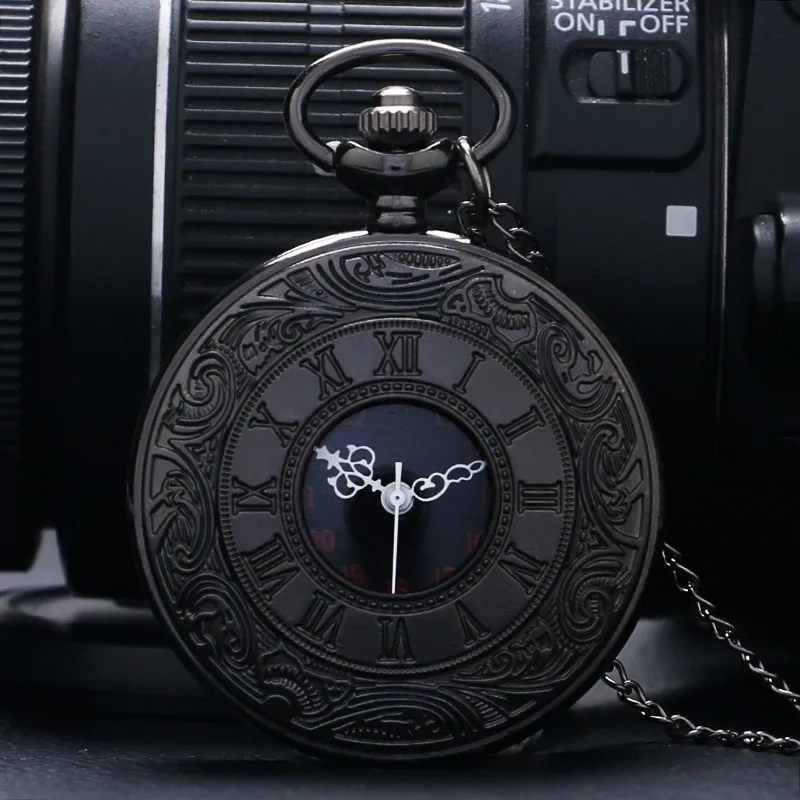 Buen trato Pocketwatch negro Vintage CharmUnisex para hombre y mujer, Número romano de moda de cuarzo Steampunk, reloj de bolsillo, collar con colgante para hombre con cadena wGKKN6rL