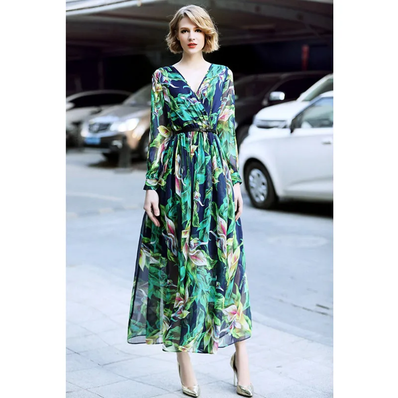 2018 print chiffon bohemian beach long dress wrap deep v neck empire waist belted a line ruffle long sleeve summer maxi dress