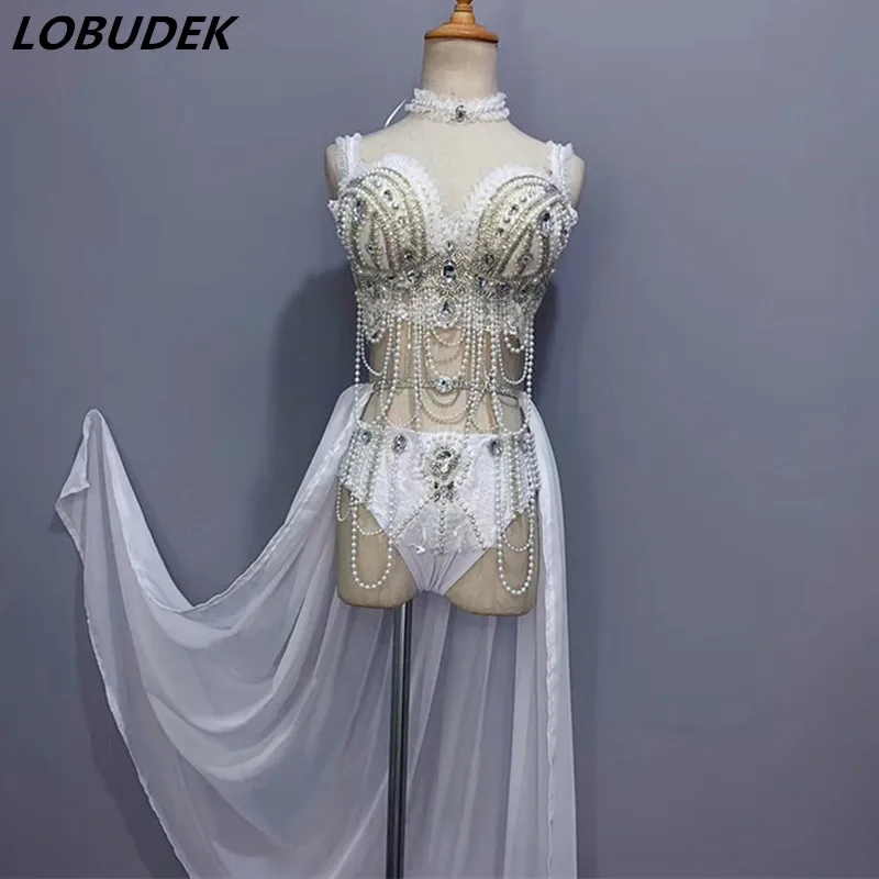 

Sexy Women White Rhinestones Pearls Bikini Trailing Dress Set Singer Party Show Costume Nightclub DJ DS Stage Outfit Catwalk