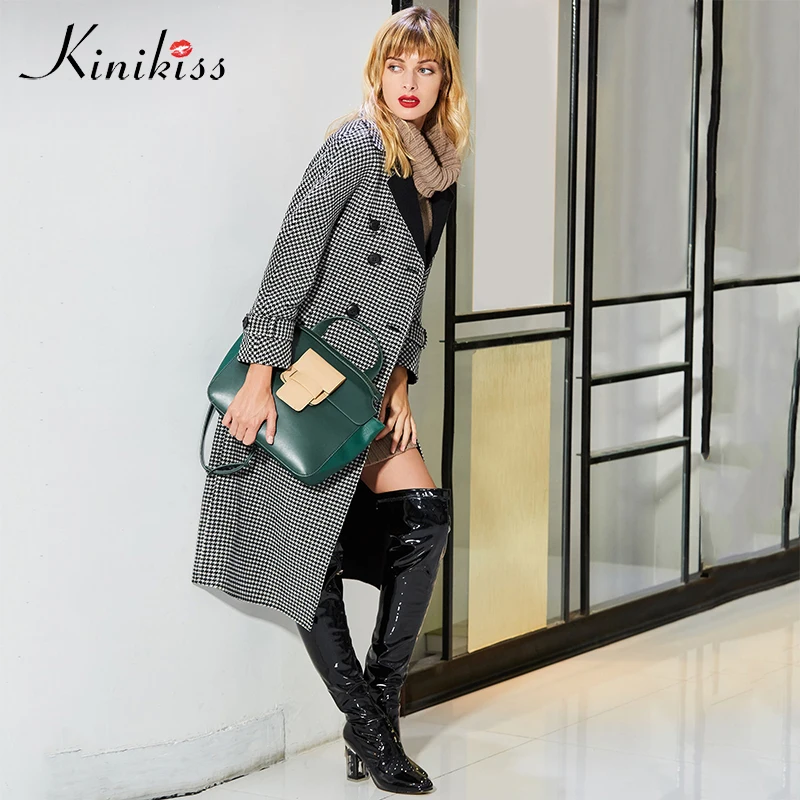 Kinikiss 2018 Женское зимнее кашемировое пальто черная клетчатая модная пикантная
