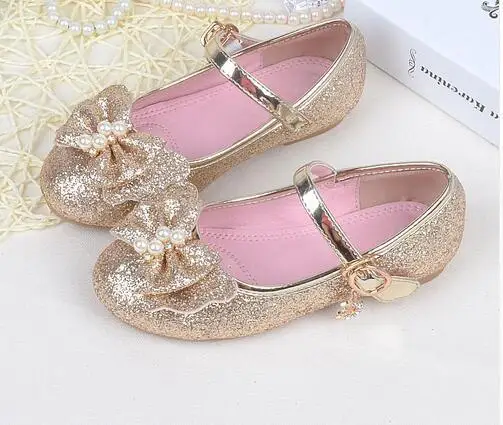 

2018 new girls shoes children's casual princess with flash baby shoes unit pearl leather pink purple gold