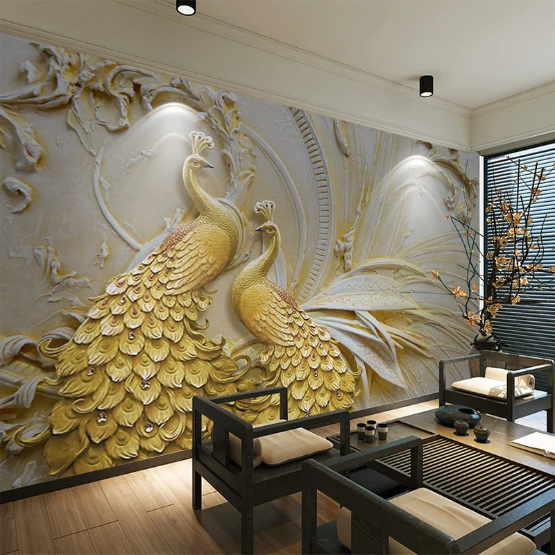 

Custom Embossed Golden Peacock Wall Paper For 3D Walls Roll Living Room TV Sofa Background Wall Home Decor Mural Wall Covering