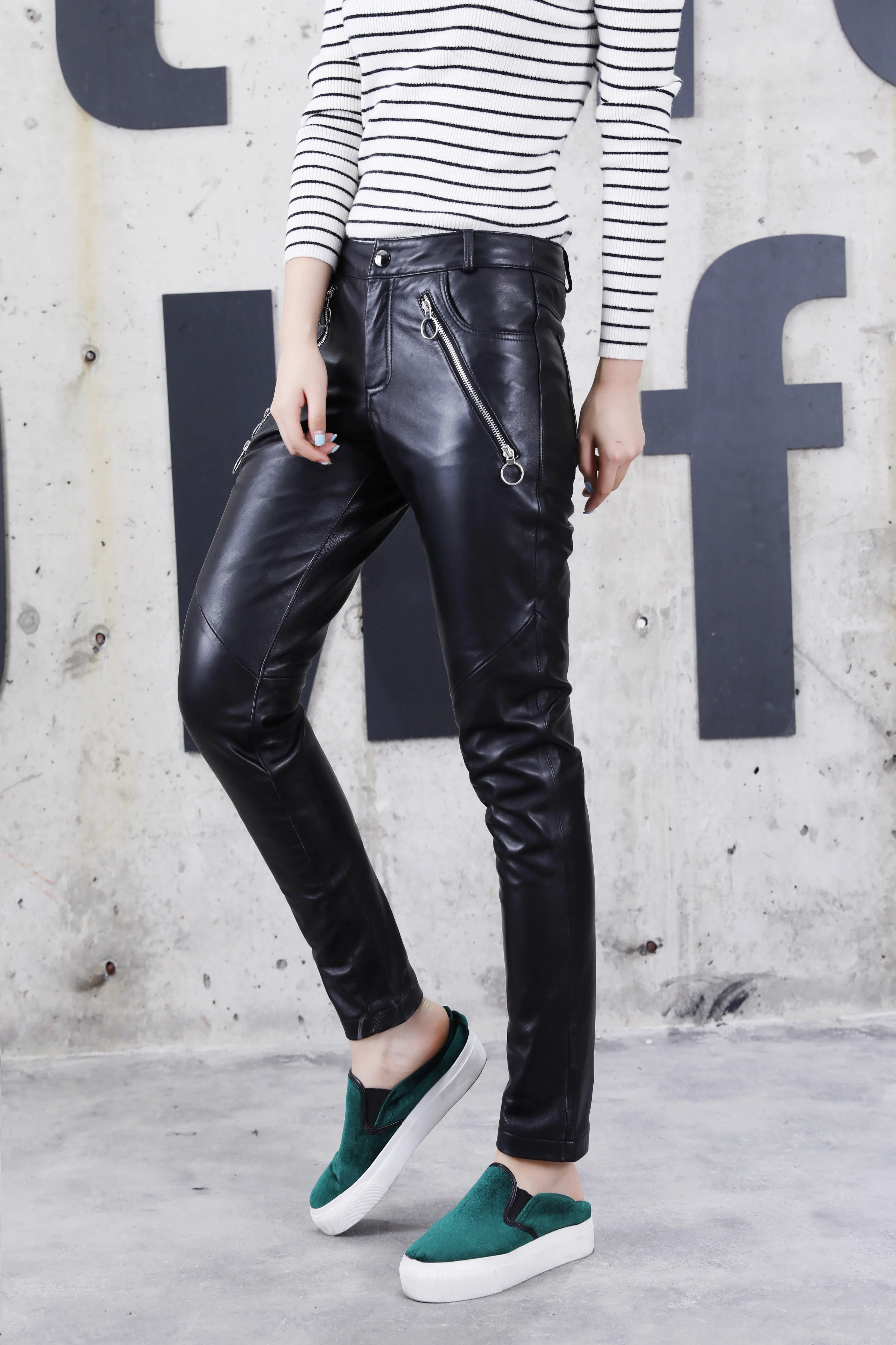 

New lady slimming natural leather trousers for women small leg trousers pencil trousers sheep skin high waist slacks