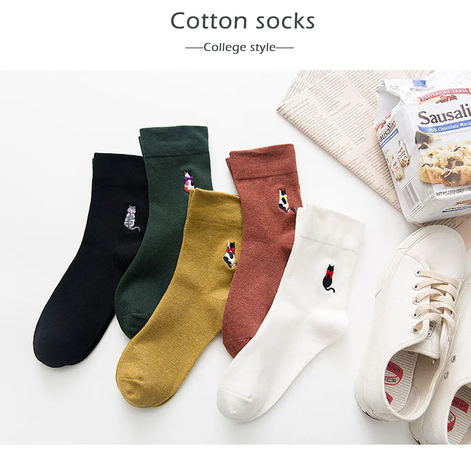 Autumn and Winter Thick Ladies Daily Cotton Socks Harajuku Korea Japanese Cartoon Embroidery Cat Cute Casual Warm Ladies 2018 (2)