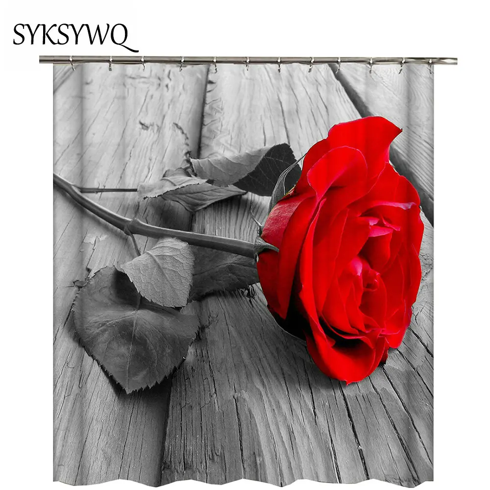 

rose flower shower curtain douche gordijn waterproof bath curtain fabric polyster drop shipping red bathroom curtain