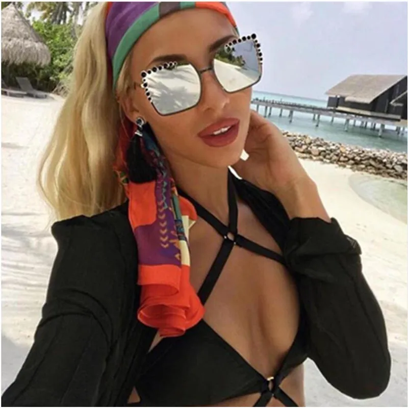 Женские квадратные очки авиаторы HBK большие брендовые дизайнерские со стразами