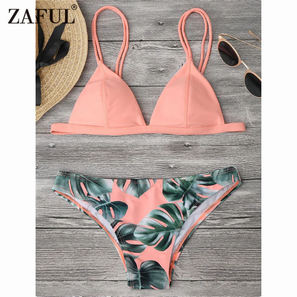  ZAFUL bikini Women New Palm Leaf Print Cami Bikini Mid Waisted Spaghetti Straps Women Swimsuit Summ