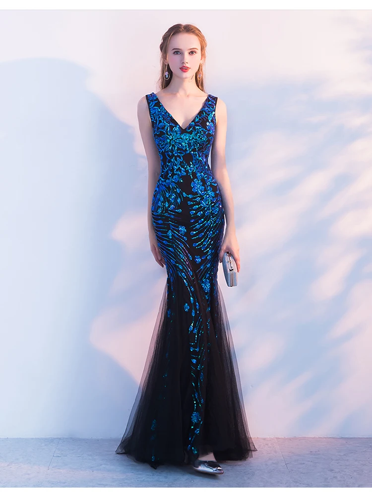 С блестками, вечерние платья, украшенные бисером Русалка длинное торжественное платье для выпускного вечера вечерние платье с v-образным вырезом, сексуальное длинное вечернее платье стиль Robe De Soriee