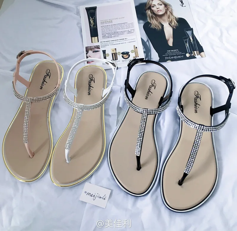 

Summer Elegant Crystal Pvc Women Sandals Student Girl Rhinestone Gold Silver Flat Bottom Flip Flops sandalias mujer 2019
