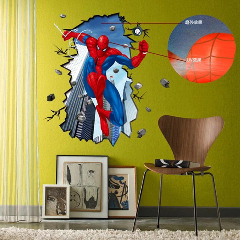 3D наклейки на стену с человеком-пауком для детей, съемная Наклейка на стену, Мультяшные постеры для украшения дома с человеком-пауком, настенная бумага