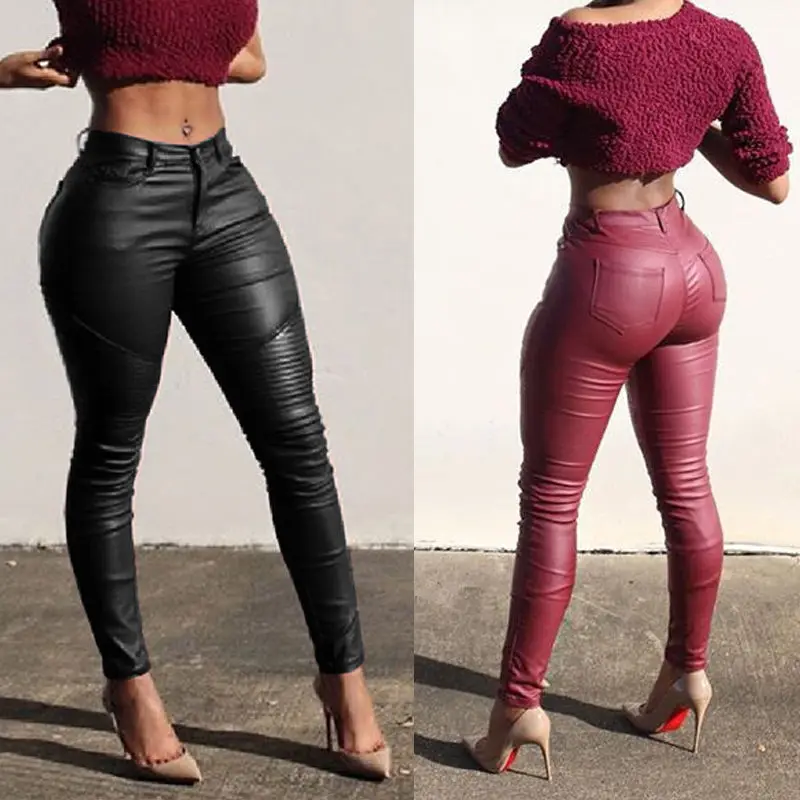 

UK Women Slim PU Skinny High Waist Stretchy Pencil Pants Trousers