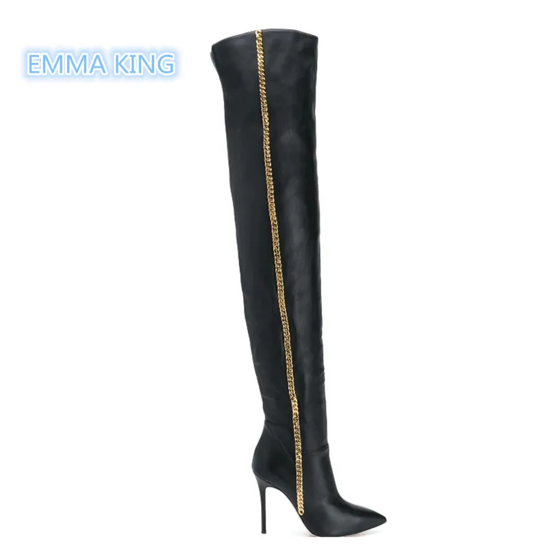 

2019 New Side Gold Metal Chain Sexy Over Knee Boots Women Pointed Toe Side Zipper Knight Boots Stiletto High Heels Fashion Shoes