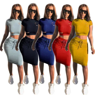 

Two pieces summer sets elegant fashion casual vintage sexy cotton hole tops+mini skirt sweatsuits women's costume