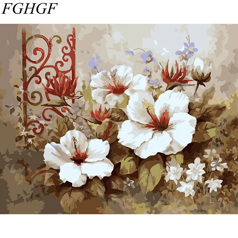 

FGHGF White and red Flower Frameless Picture Home Decor DIY Acrylic Oil Painting By Numbers Wall Art DIY Canvas
