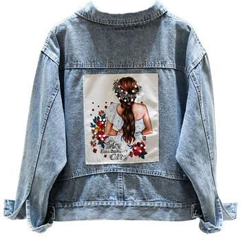 

2019 New Fashion Bead Diamond Graffiti Printed Short Design Denim Jacket Coat Student Streetwear Casual Jean Coats Jackets