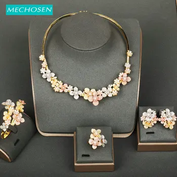 

MECHOSEN Exquisite Elegant 3 Tones Jewelry Set Shiny Flower Zircon For Bride Bangle Earrings Necklace Ring Wedding Set Best Gift