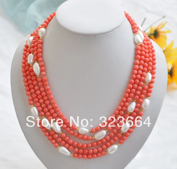 

natural 5row 21" pink coral bead white baroque pearl NECKLACE