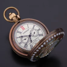 Fob montres de poche femme mode montre mécanique chiffres romains cadrans classique Bronze en laiton Tone chaîne belle strass