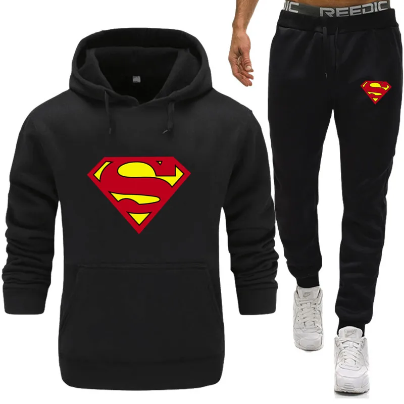 Лидер продаж, спортивный костюм Супермена, мужское термобелье, комплекты спортивной одежды, флисовый плотный спортивный костюм, толстовка+ штаны, спортивный мужской костюм - Цвет: black 1
