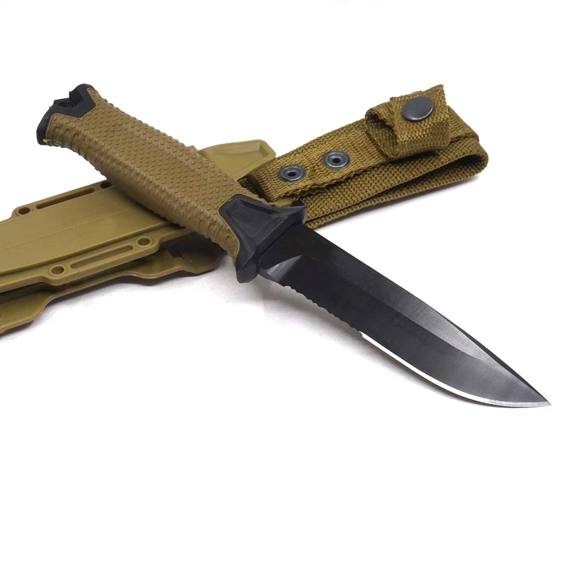 

2 Options! Brow Color Fixed Blade Knife 420J2 Blade Steel +VG10 Handle & ABS Sheath Hunting Knife Camping Knives Full &Half edge