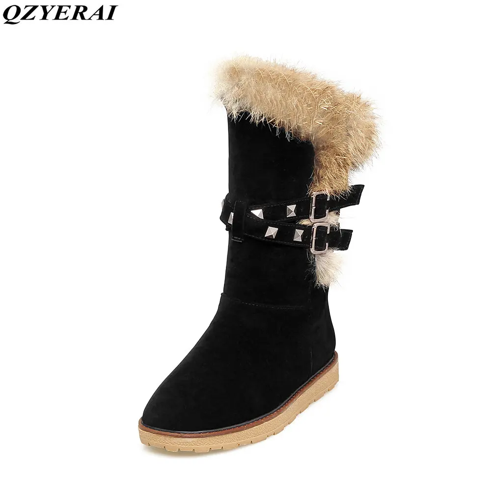 

QZYERAI Winter plush flat bottom rabbit hair lady snow boots leather wool warmth women shoes waterproof women boots