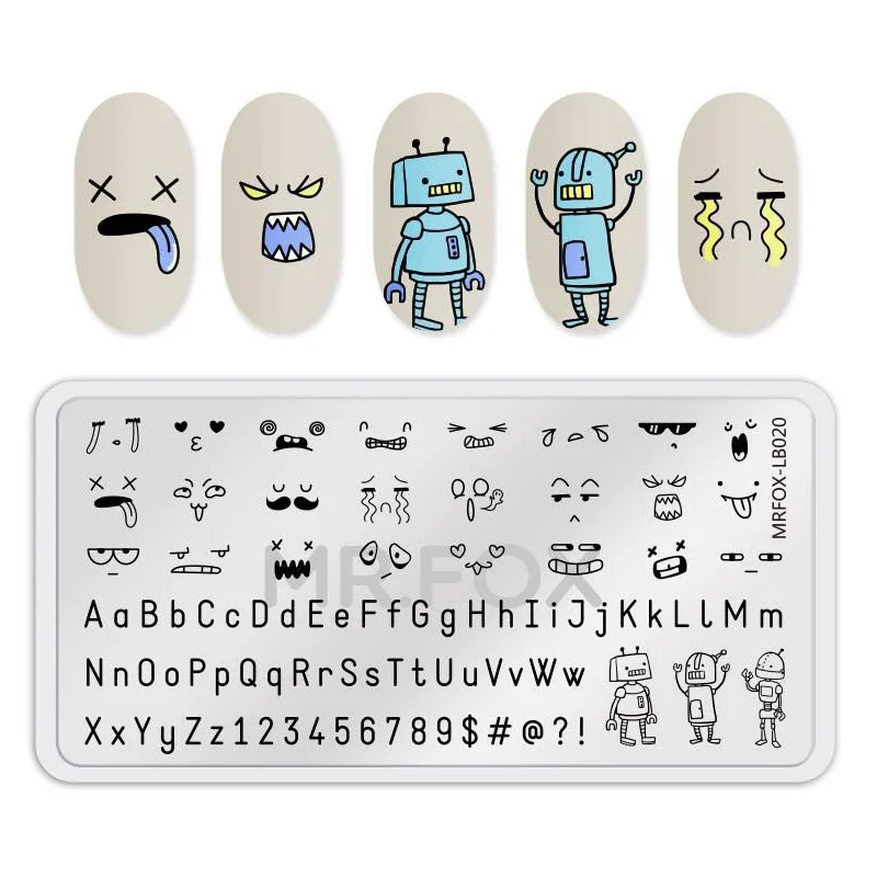 Робот искусство ногтей комплект печатей ABC буквы изображения пластины круглые квадратные неправильные Графический Маникюр штамповки шаблон - Цвет: LB020