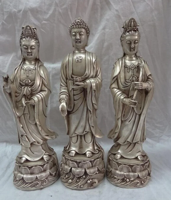 

JP S0606 12" Chinese Silver Buddhism 3 Set Shakyamuni Buddha Kwan-Yin Guan Yin Statue