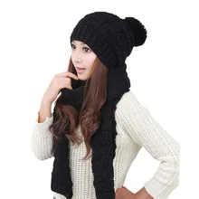 Зимние женские леди теплая вязаная шапочка-шарф зимний костюм для девочек Открытый Skullies шапки капот шерстяная теплая шапка