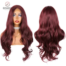 EEWIGS термостойкие волосы из волокна натуральные волнистые бесклеевые синтетические волосы на кружеве парик Длинные Бордовые парики для черных женщин