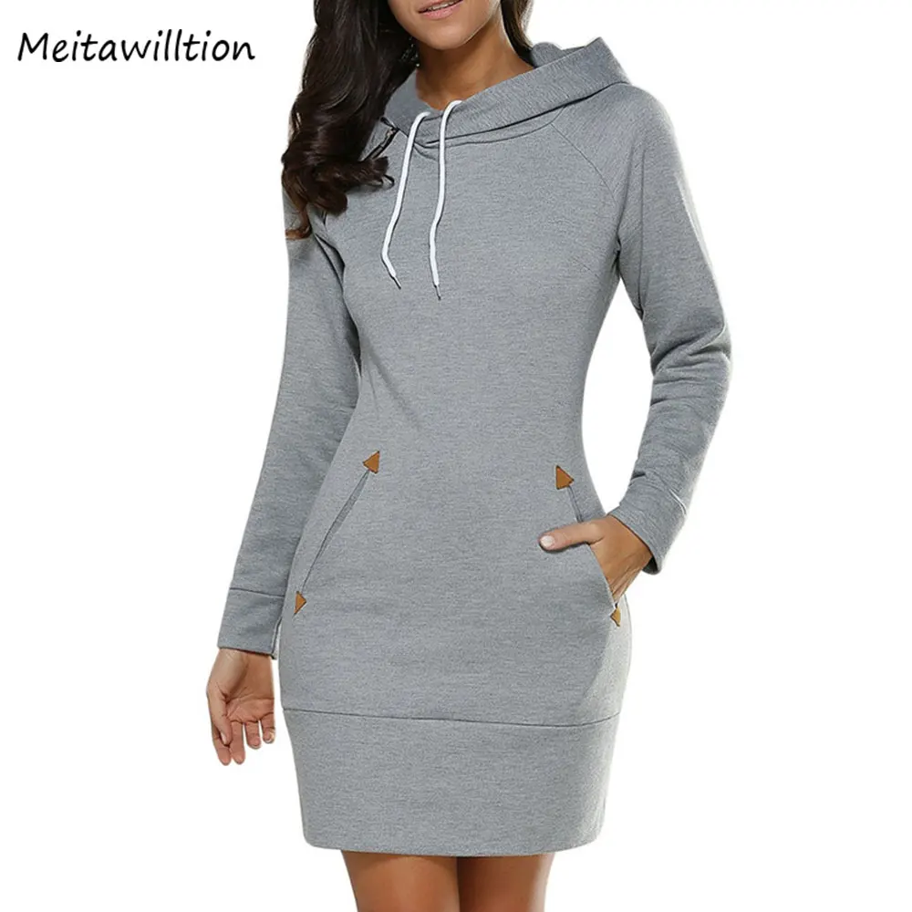 2017 Autumn Winter Women Hoodies Sweatshirt Ladies Long Sleeve Hoodies Dress Casual Pockets Hooded Dress Female Fashion Clothing