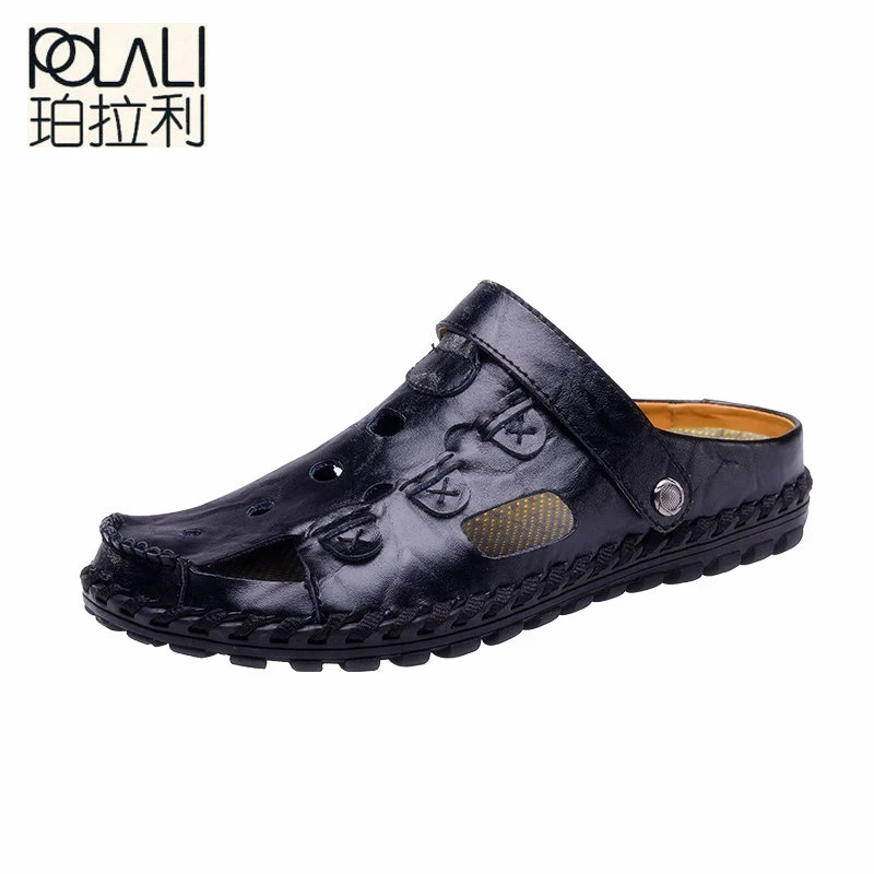 POLALI Size 38-44 Men Sandals Genuine Leather Fashion Summer Shoes Men Slippers Breathable Men